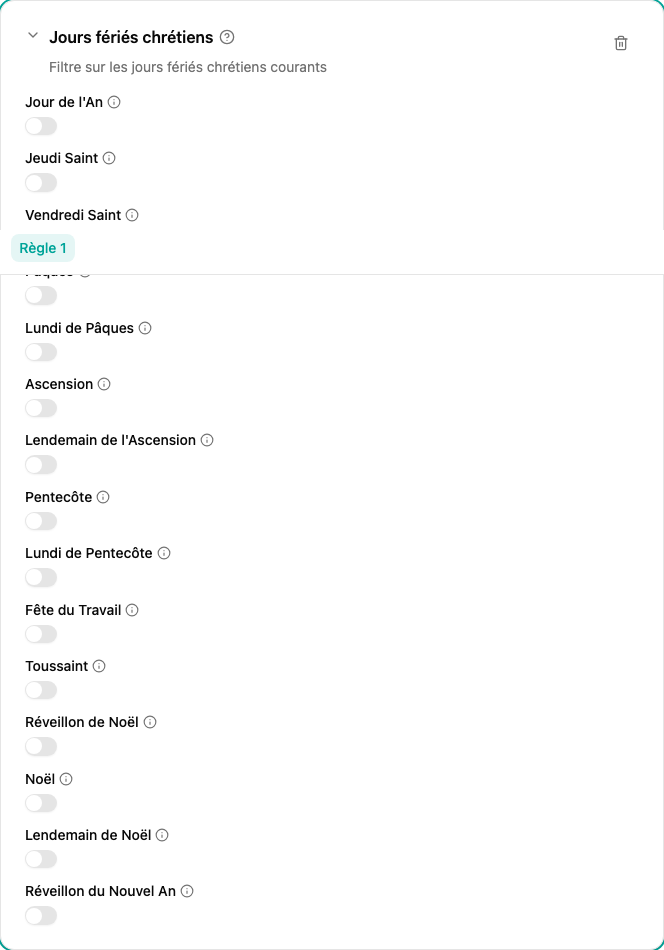 Configuration du filtre Jours fériés chrétiens