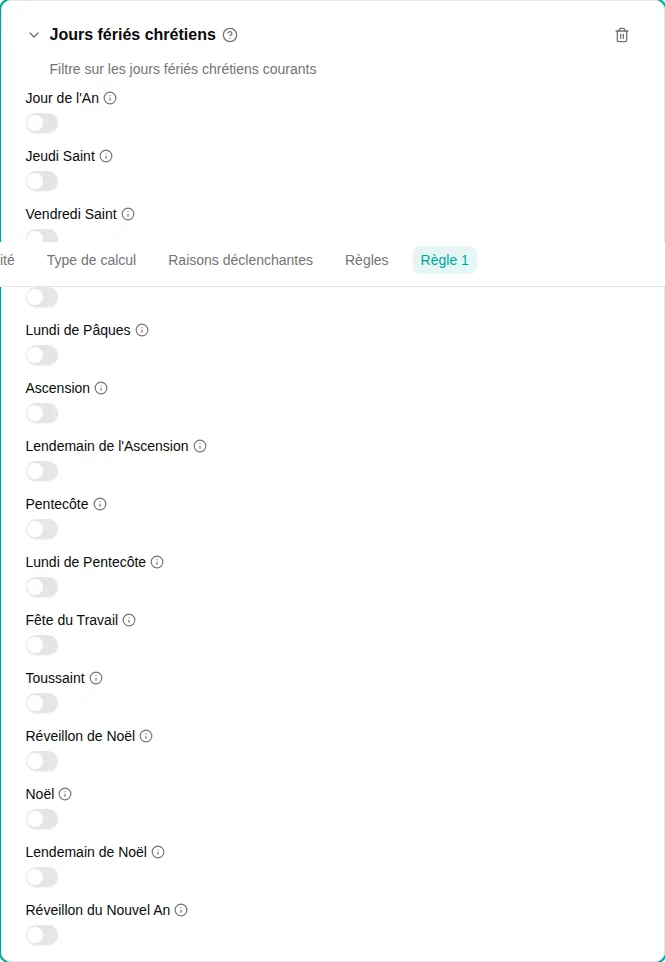 Configuration du filtre Jours fériés chrétiens