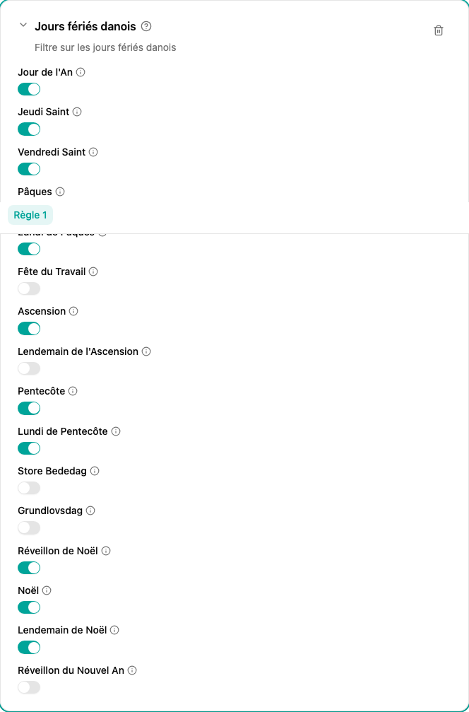 Configuration du filtre Jours fériés danois