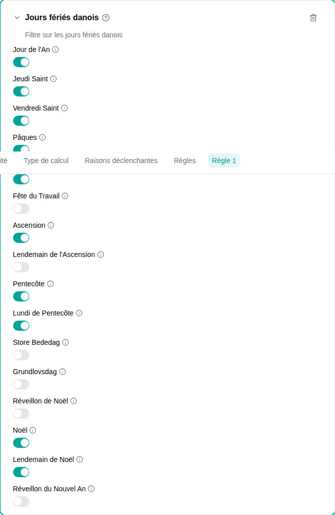Configuration du filtre Jours fériés danois