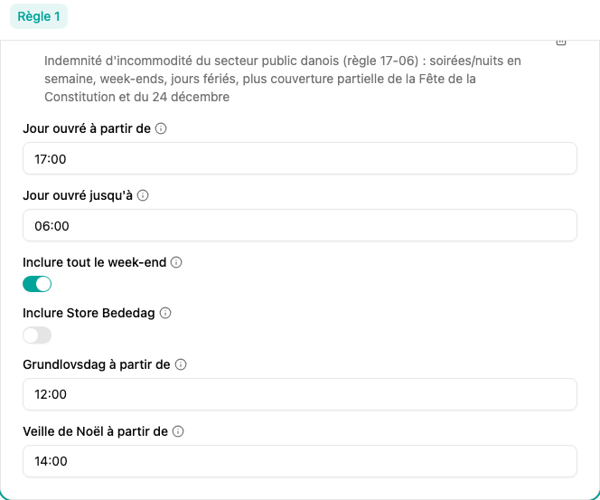 Configuration du filtre Heures d'incommodité danoises