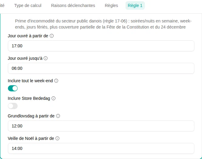 Configuration du filtre Heures d'incommodité danoises