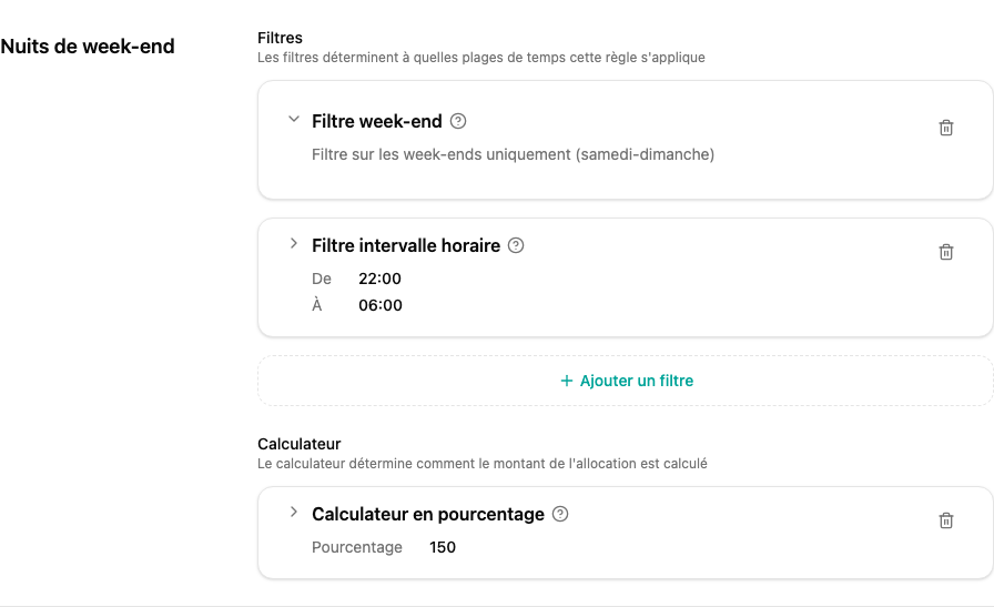 Éditeur de règle avec deux filtres et un calculateur de pourcentage
