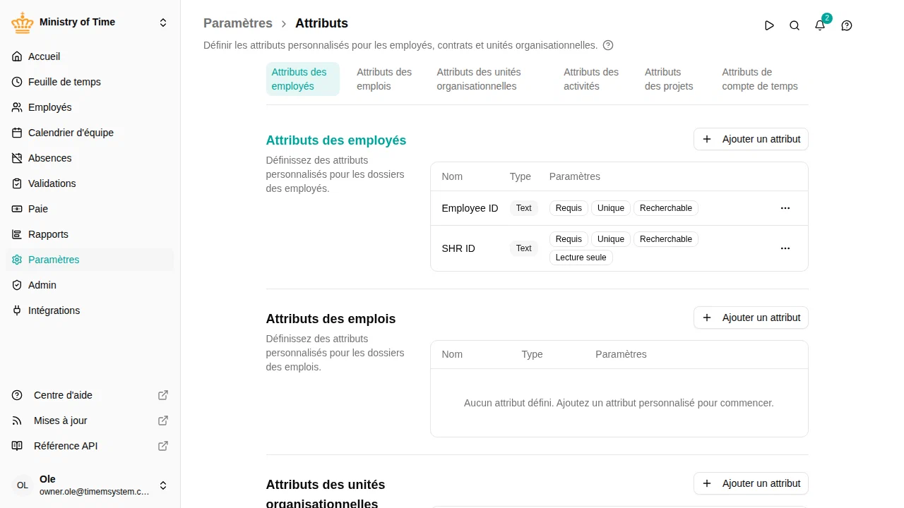 Paramètres de l'espace de travail avec attributs personnalisés
