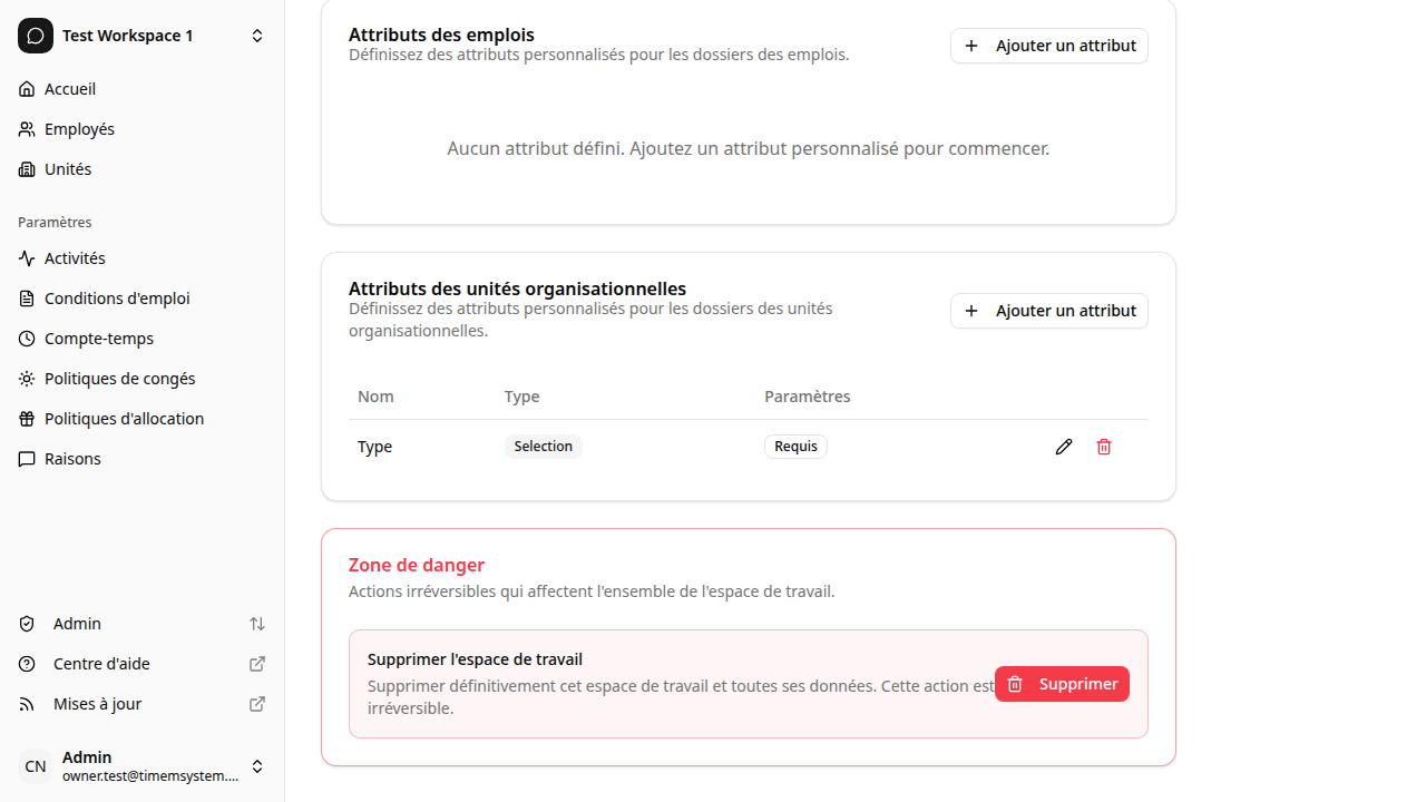 Section zone de danger montrant l'option de suppression de l'espace de travail