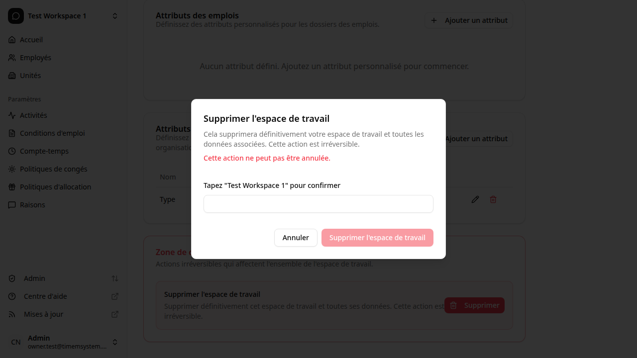 Boîte de dialogue de confirmation de suppression de l'espace de travail