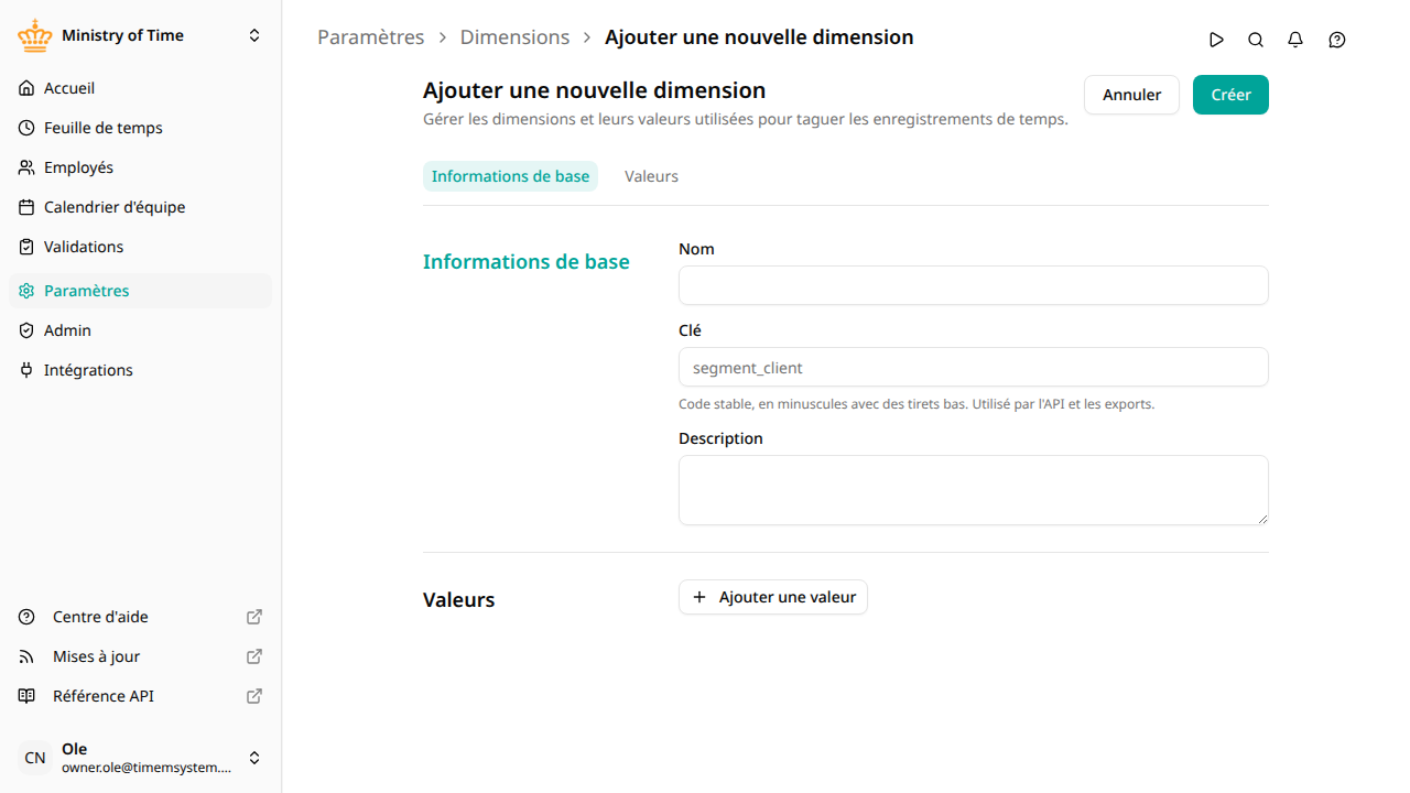L'éditeur de dimension avec les informations de base et les valeurs