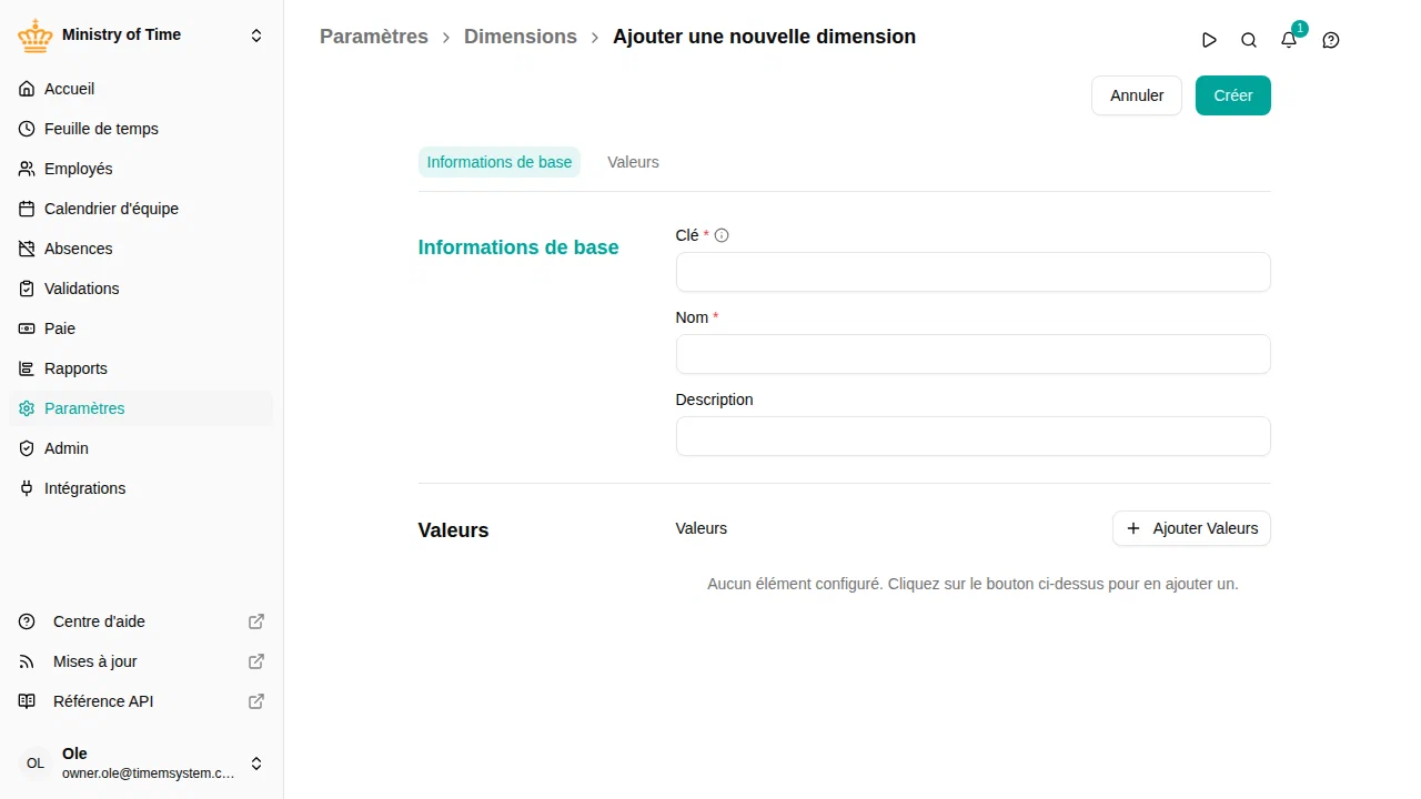 L'éditeur de dimension avec les informations de base et les valeurs