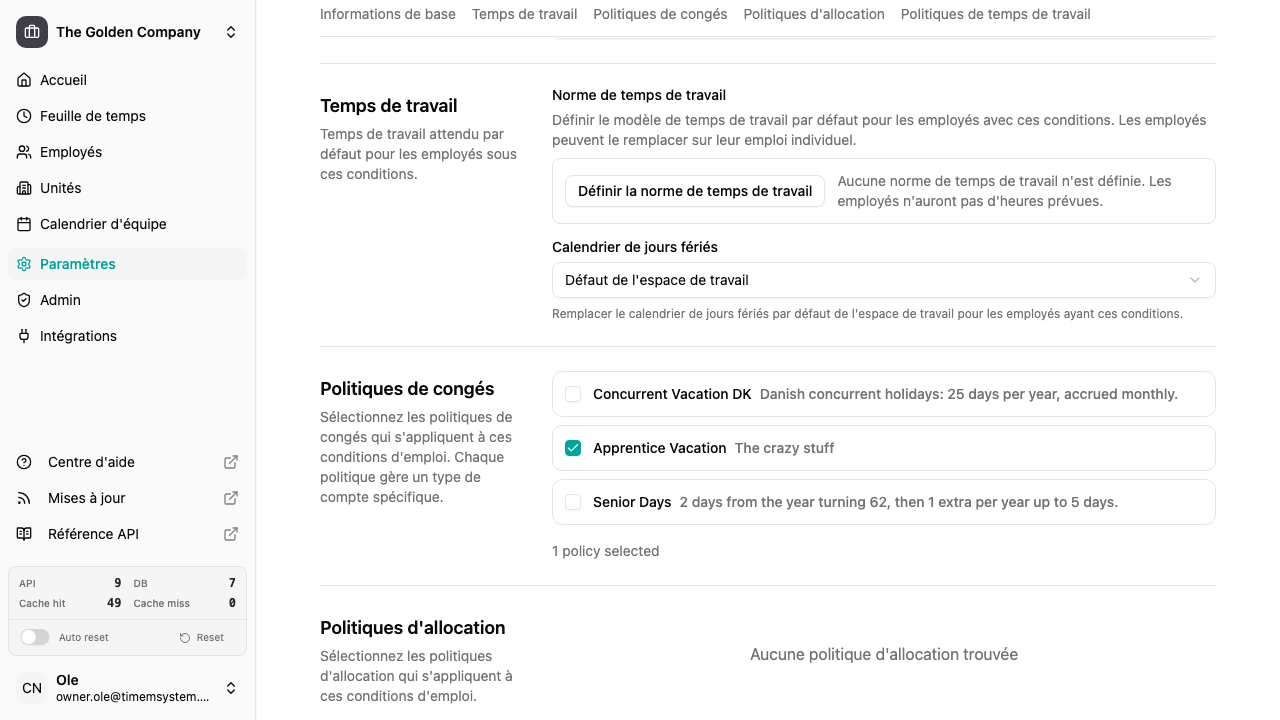 Section temps de travail des conditions d'emploi avec norme de temps de travail par défaut
