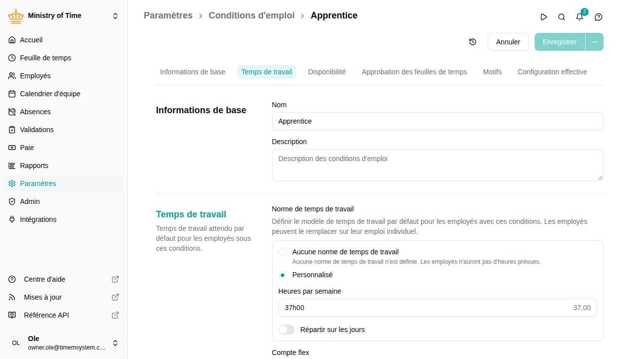 Section temps de travail des conditions d'emploi avec norme de temps de travail par défaut