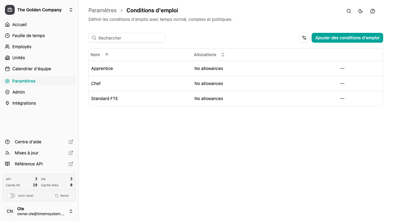 Liste des conditions d'emploi avec les actions ajouter, modifier, copier, historique et supprimer