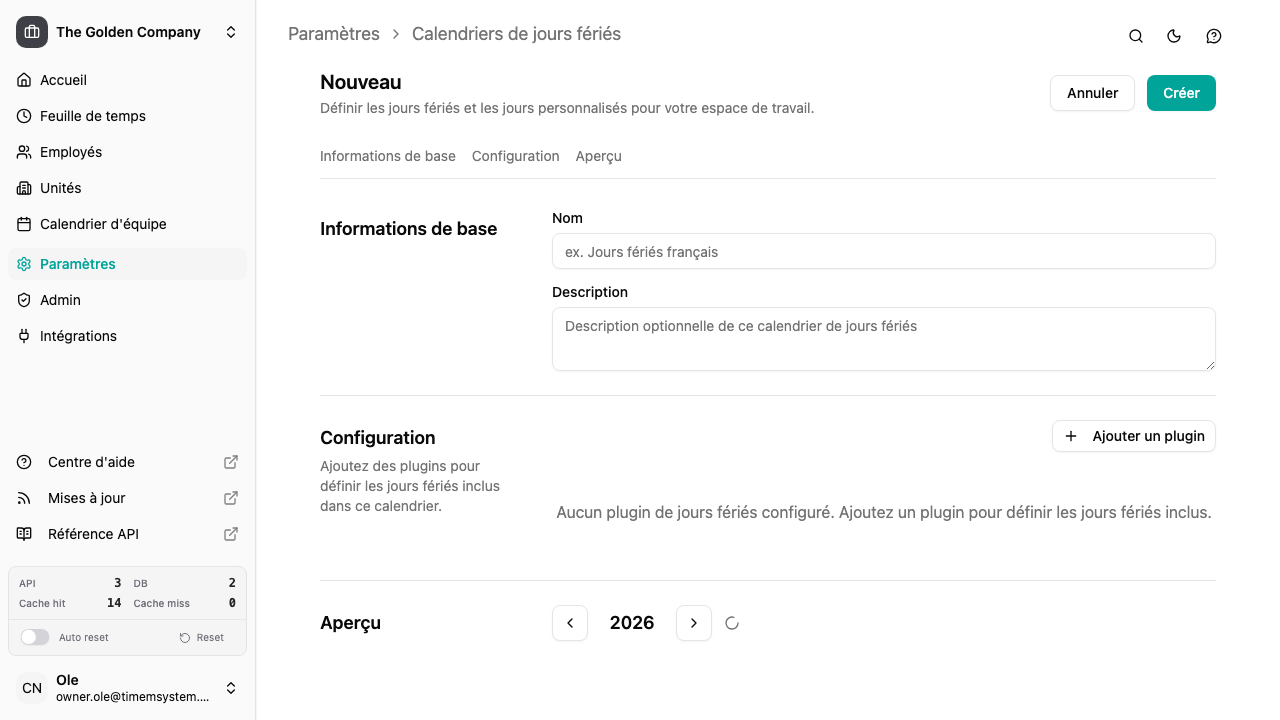 Formulaire de configuration d'un calendrier de jours fériés avec plugins et aperçu