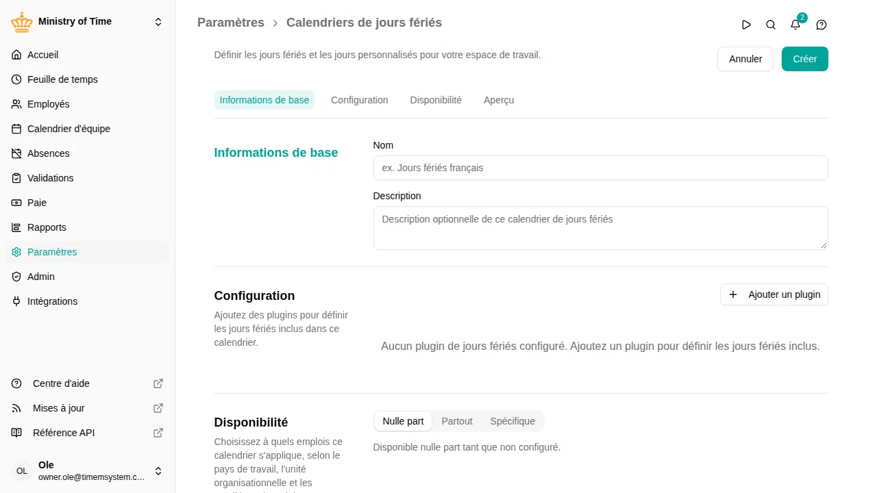 Formulaire de configuration d'un calendrier de jours fériés avec plugins et aperçu