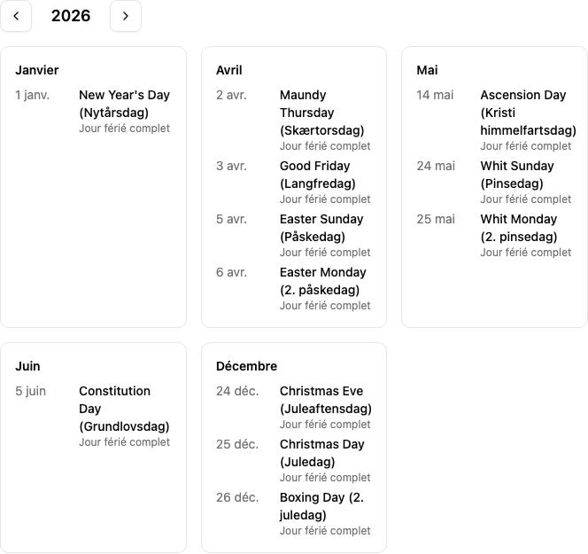 Section aperçu affichant les jours fériés danois