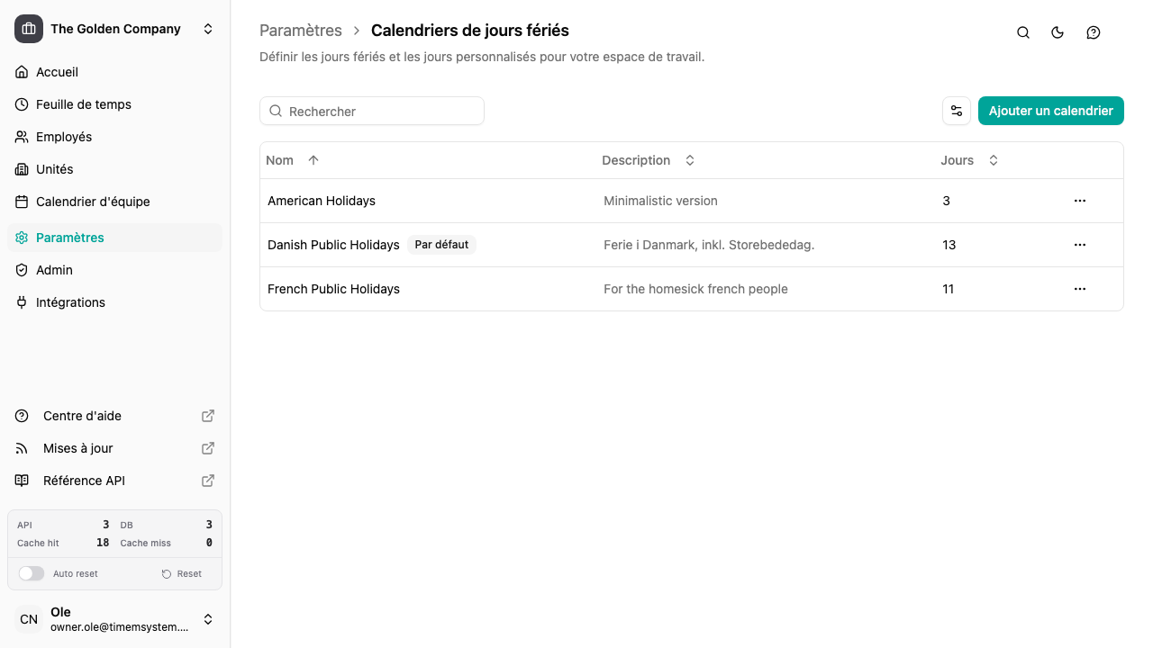 Liste des calendriers de jours fériés
