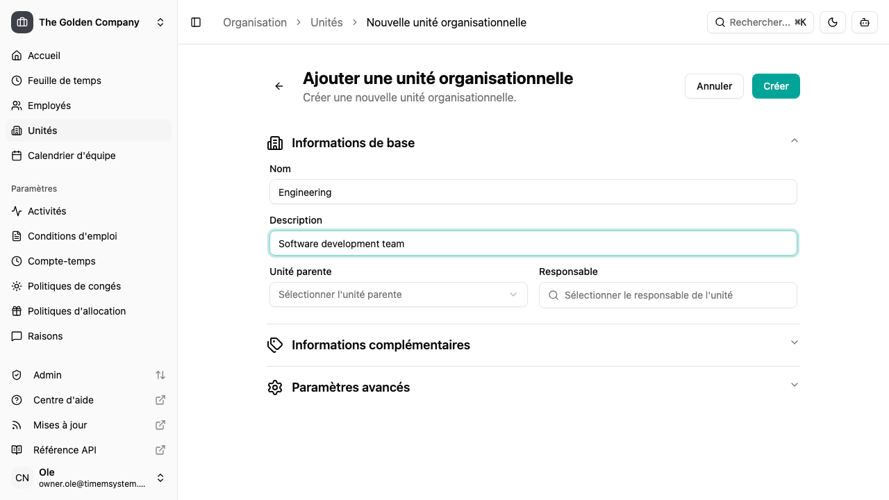 Création d'une unité organisationnelle