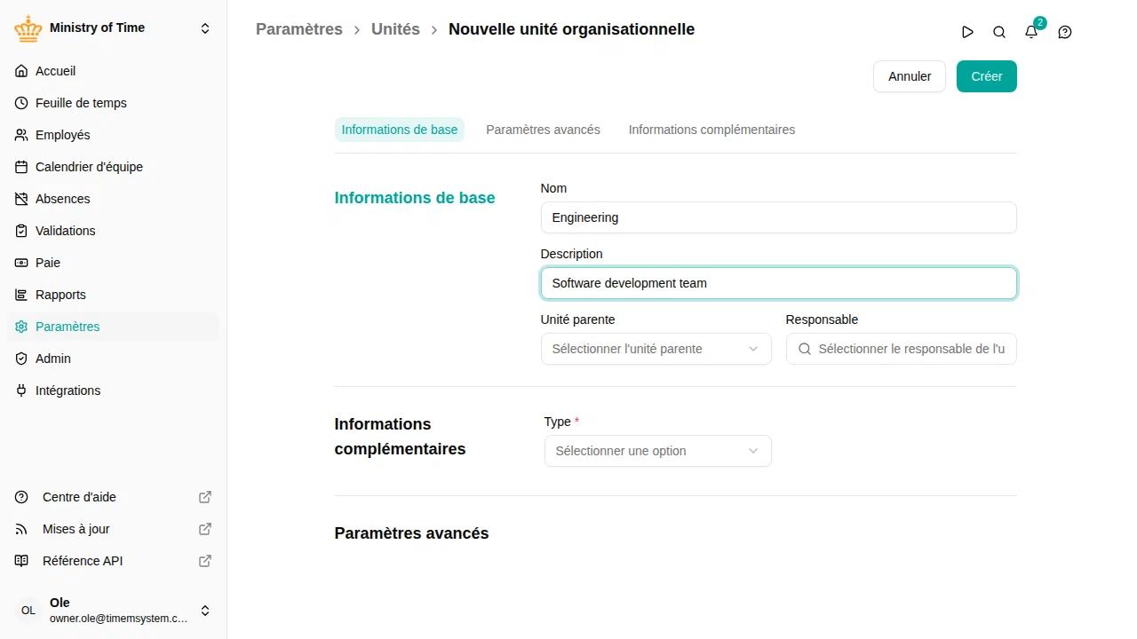 Création d'une unité organisationnelle