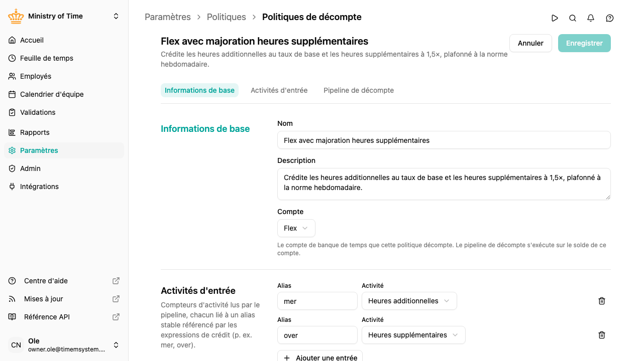 Éditeur de politique de décompte avec des activités d'entrée et un pipeline d'étapes