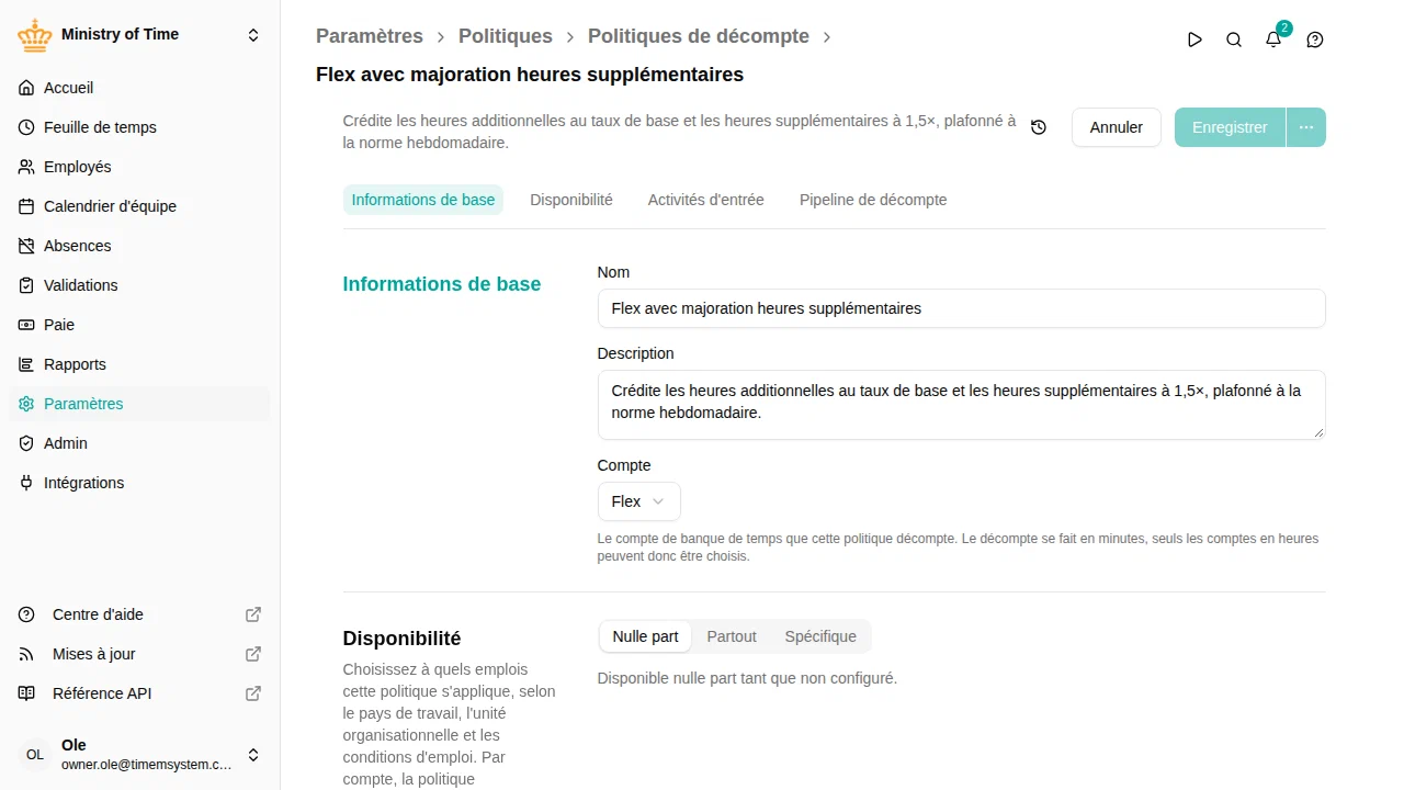 Éditeur de politique de décompte avec des activités d'entrée et un pipeline d'étapes