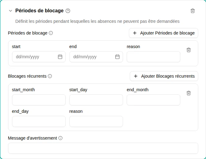 Configuration des périodes d'interdiction