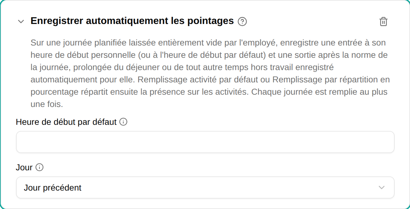 Configuration du plugin Enregistrer automatiquement les pointages
