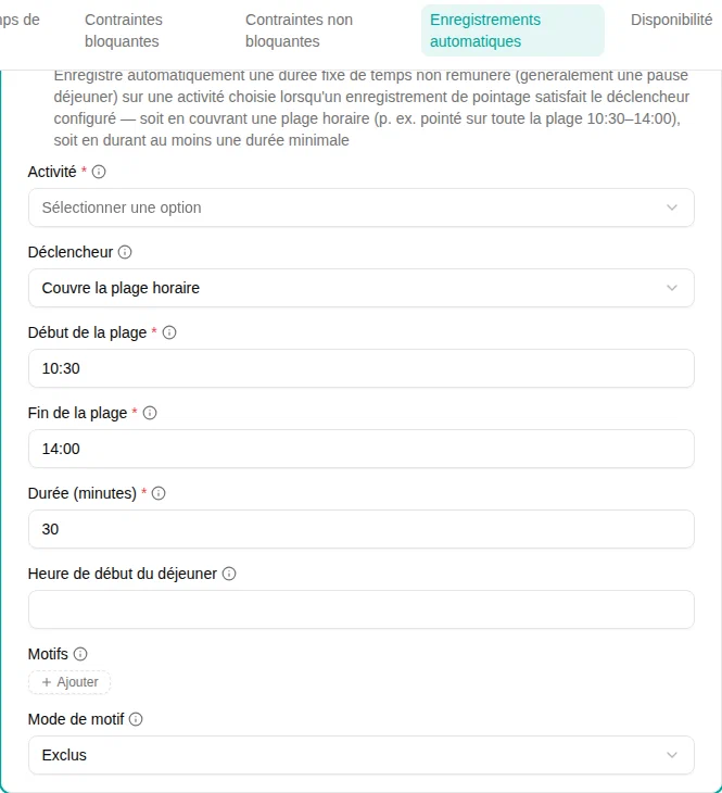 Configuration du plugin Déduction déjeuner