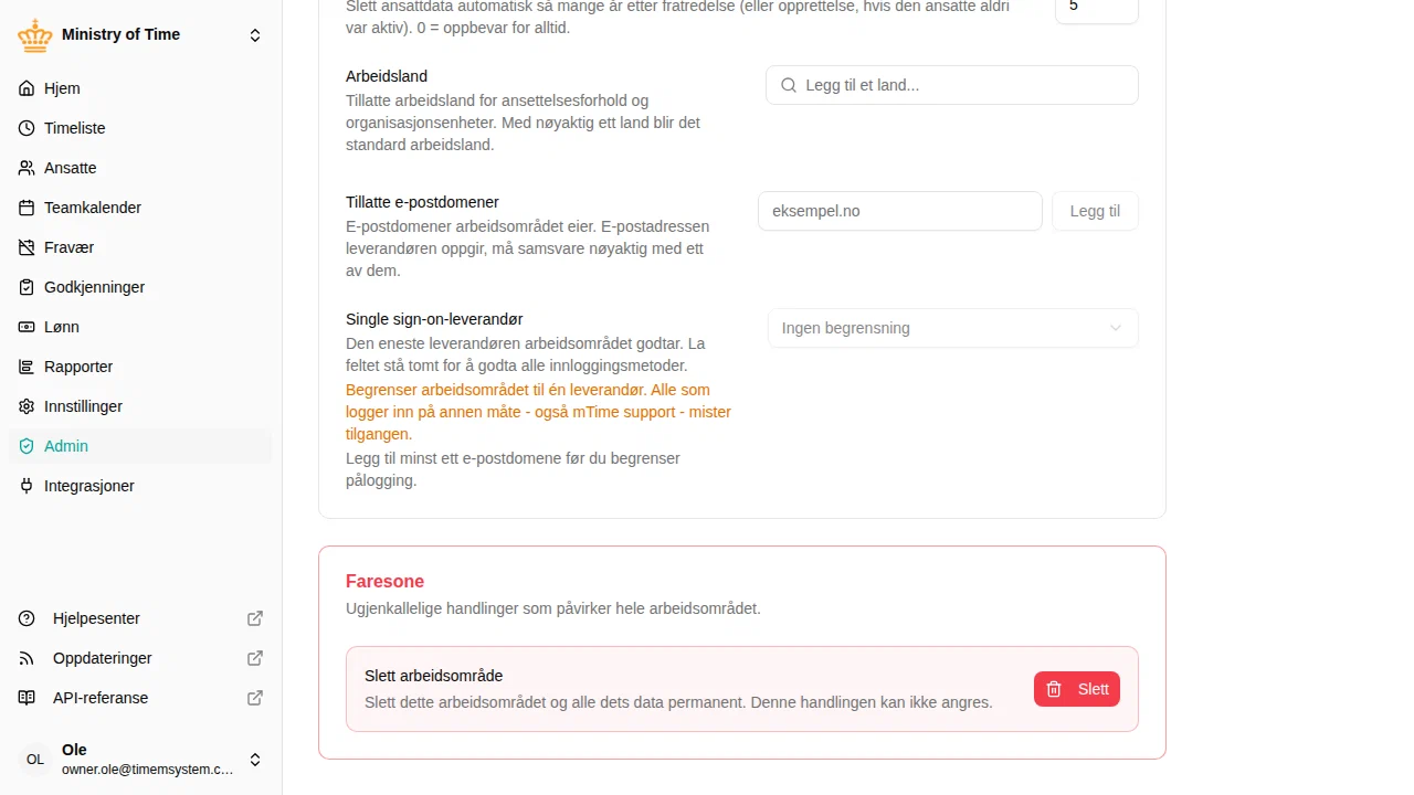 Faresone-seksjonen som viser alternativet for å slette arbeidsområdet
