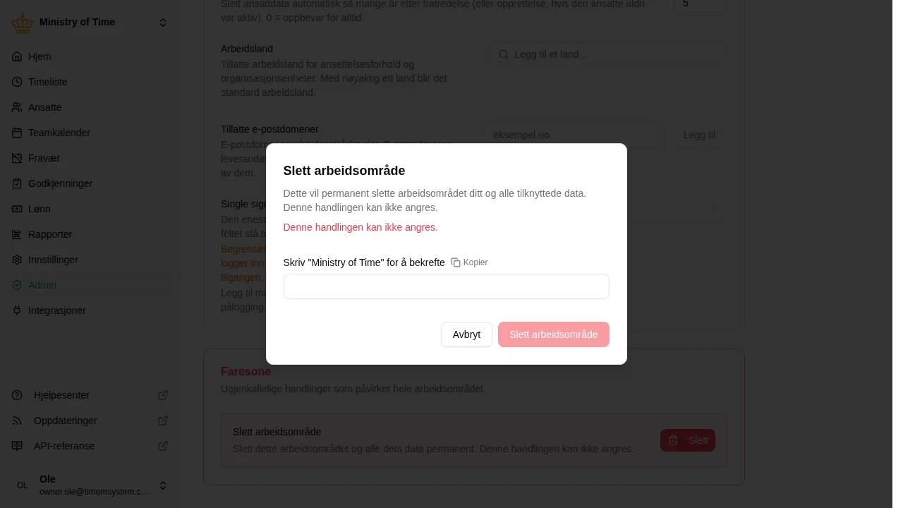 Bekreftelsesdialog for sletting av arbeidsområde