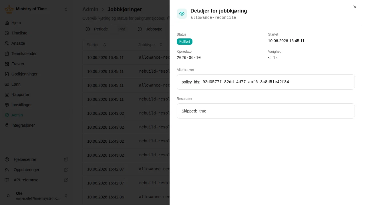 Detaljer for jobbkjøring