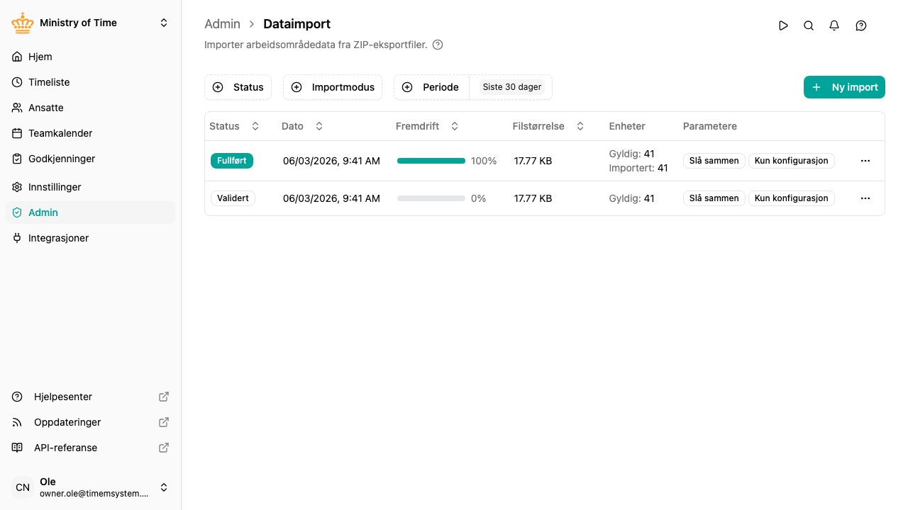 Liste over dataimporter