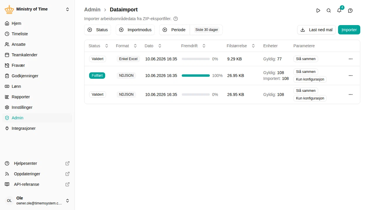Liste over dataimporter