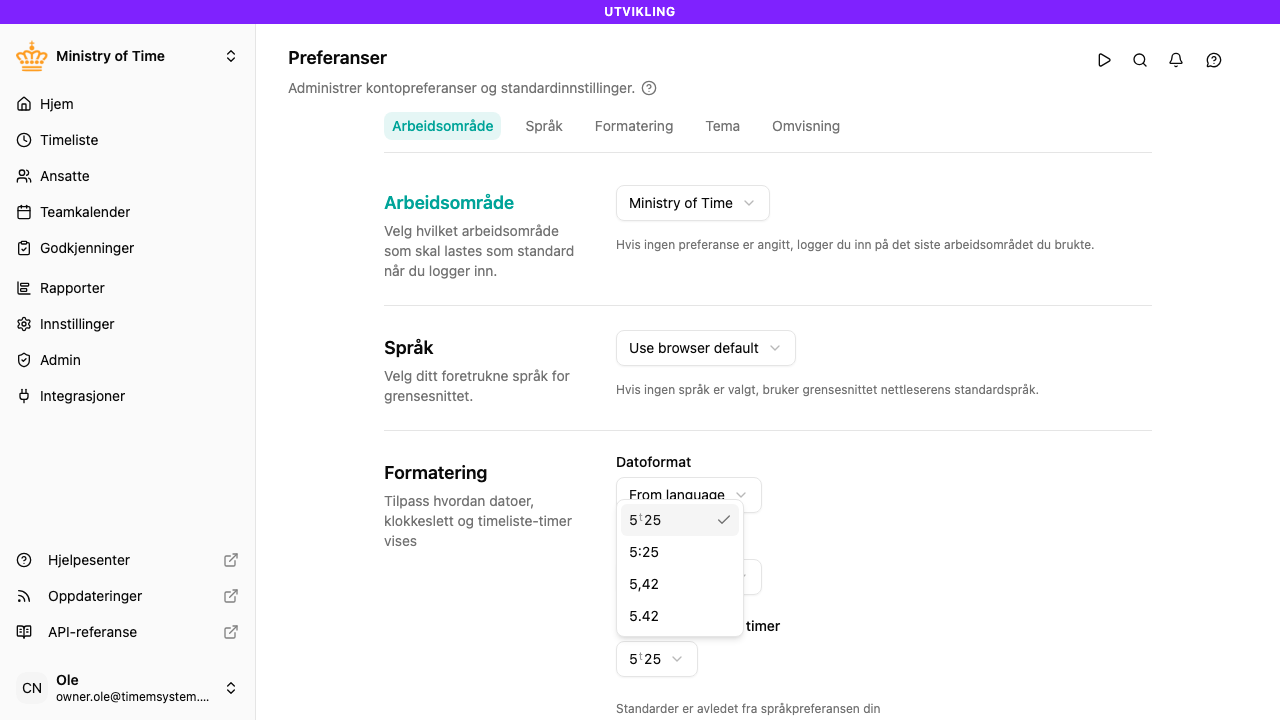 Innstillingen Timelisteformat for timer i Preferanser
