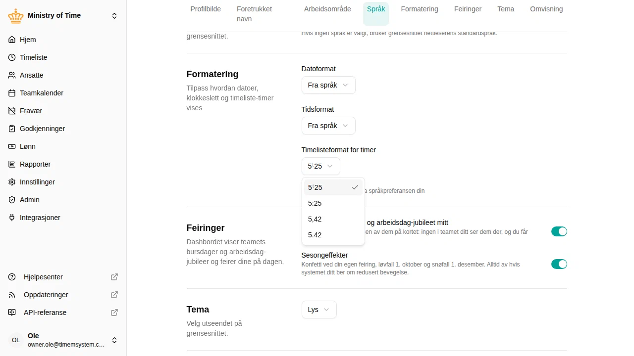 Innstillingen Timelisteformat for timer i Preferanser