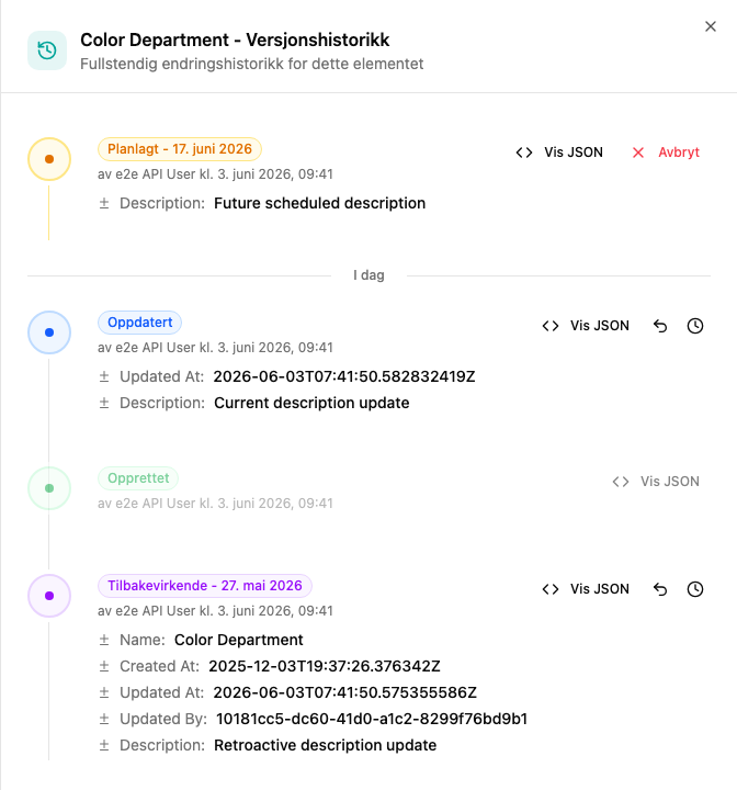 Skuff for versjonshistorikk som viser planlagte og brukte endringer