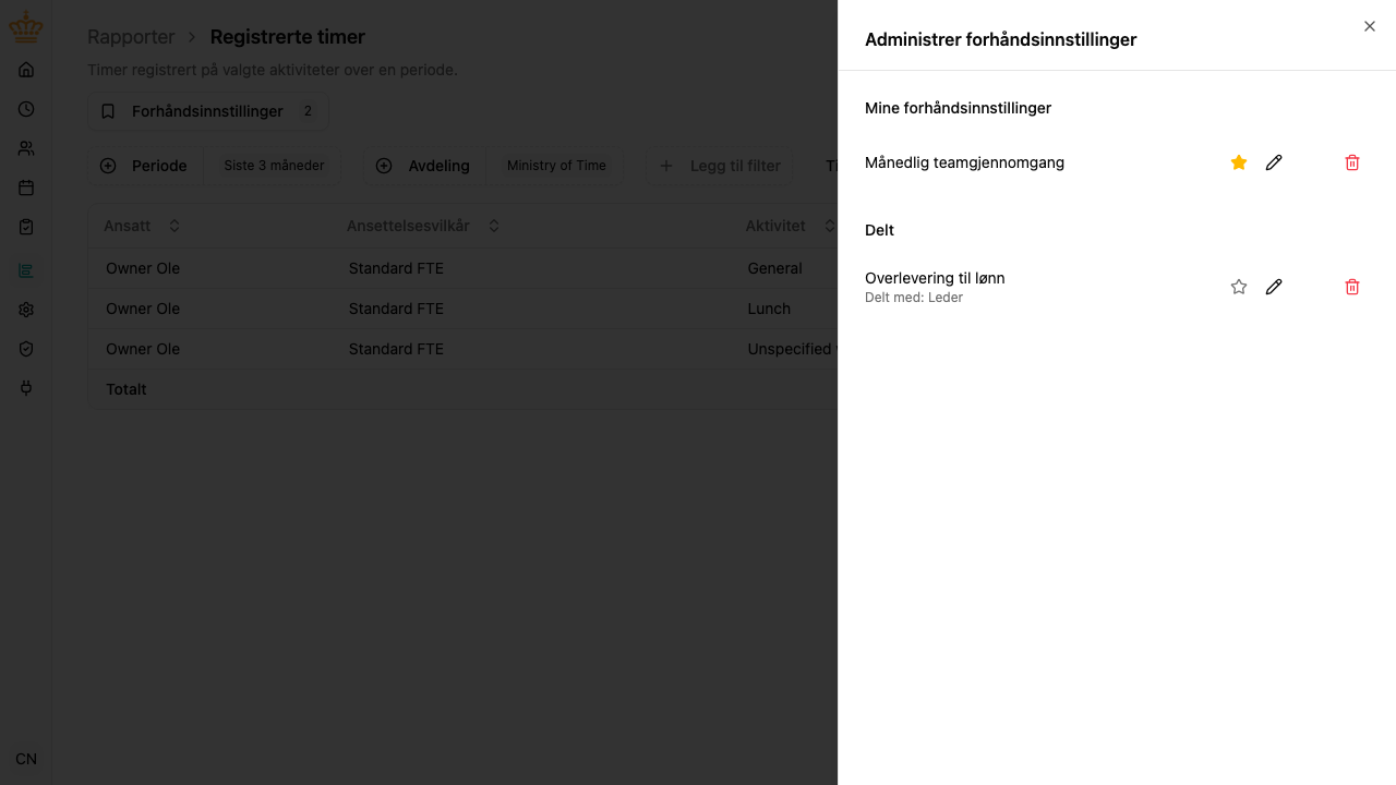 Panelet Administrer forhåndsinnstillinger med personlige og delte forhåndsinnstillinger og handlingene deres