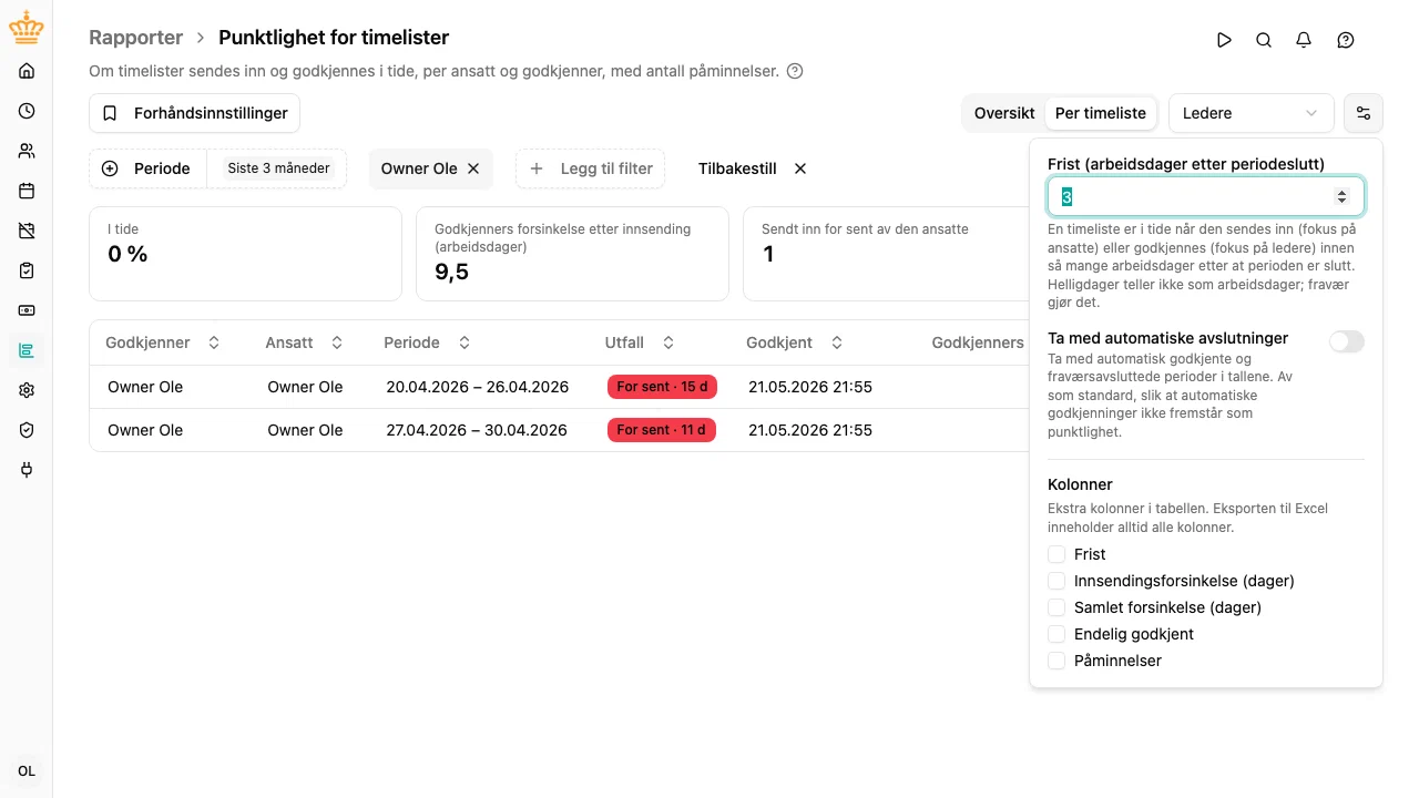 Rapportinnstillingene: målet, automatiske avslutninger og de valgfrie kolonnene