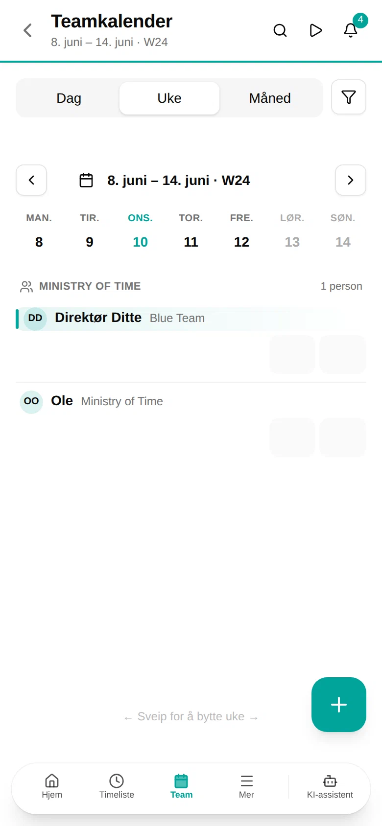 Teamkalenderens ukevisning på en telefon