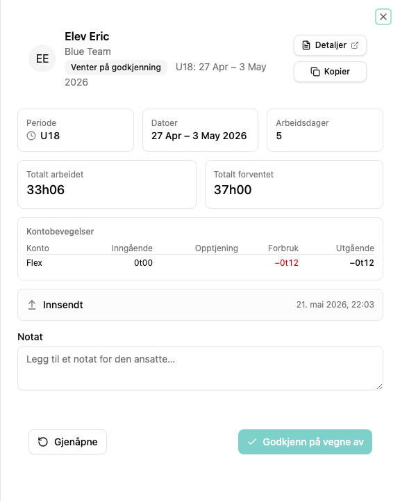 Oppgjørsdetalj-ark for en innsendt timeliste