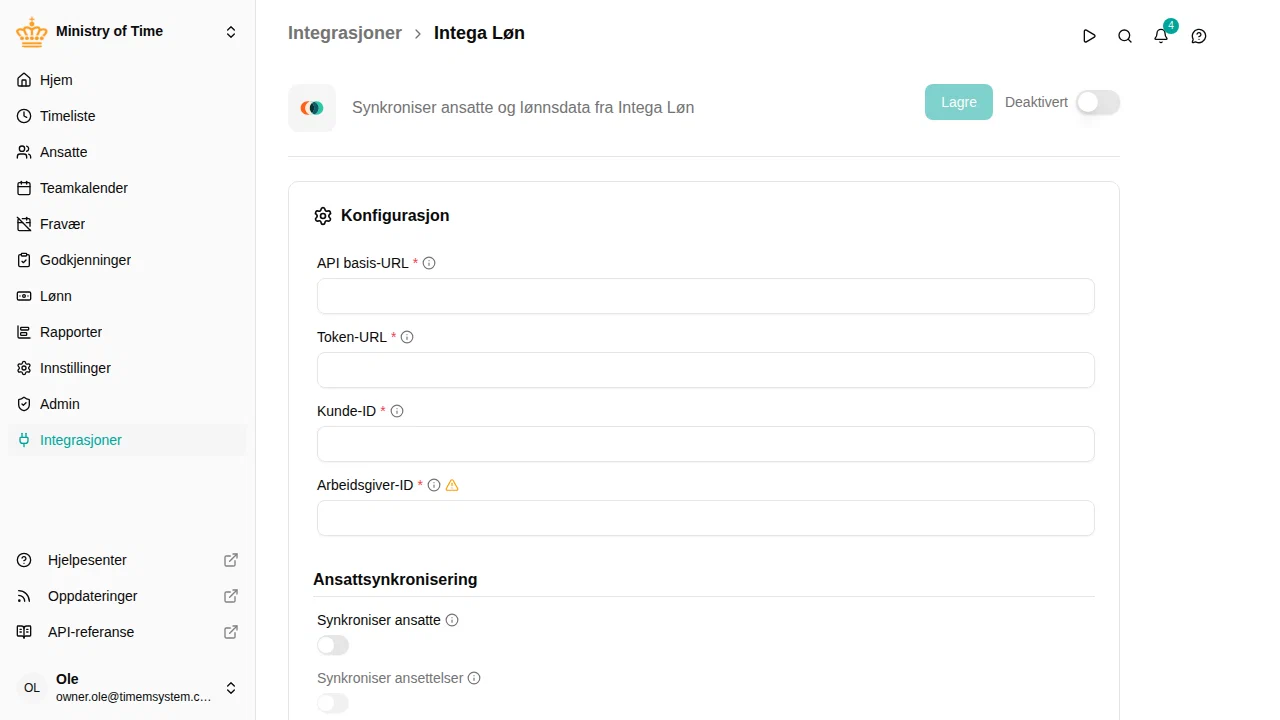 Detaljsiden for Intega Løn-integrasjonen