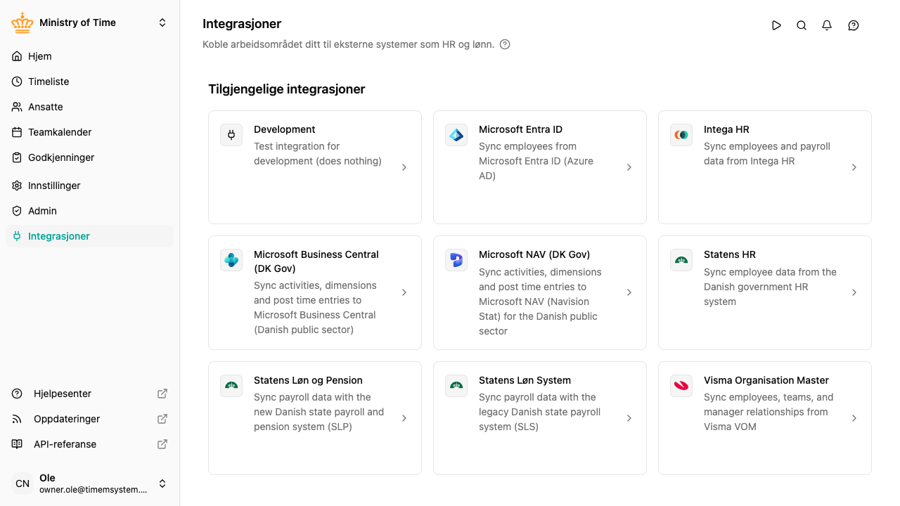 Oversiktsside for integrasjoner