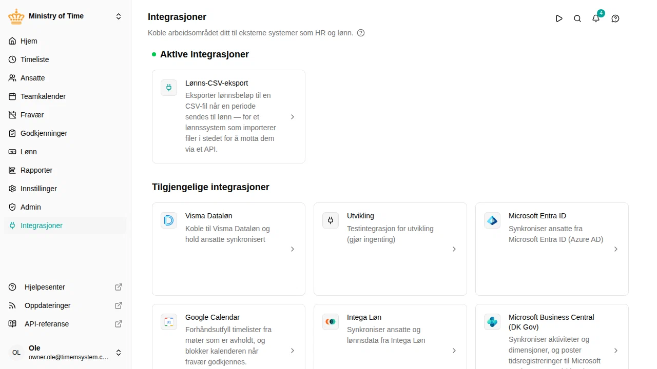 Oversiktsside for integrasjoner