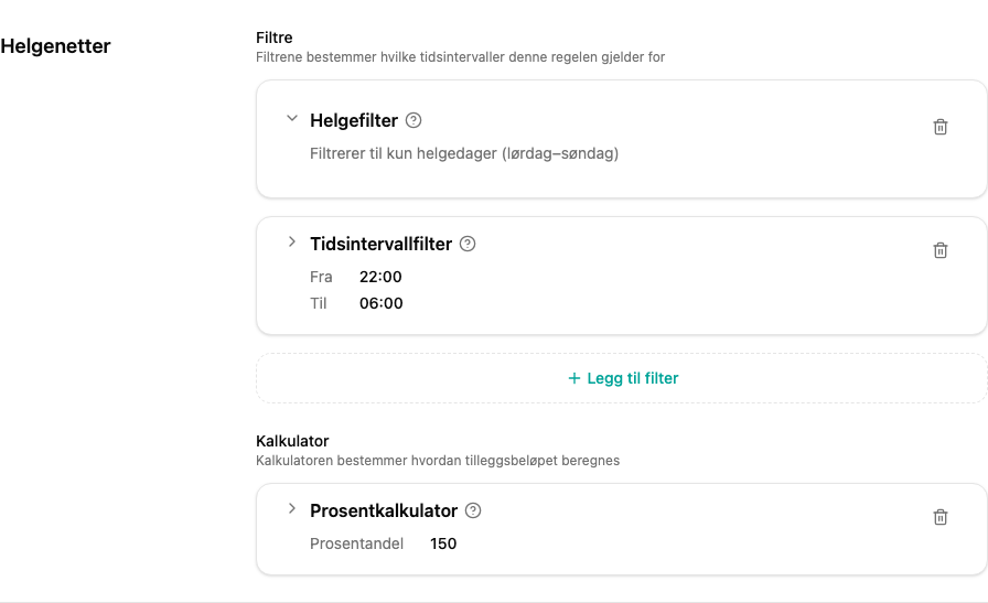 Regeleditor som viser to filtre og en prosentkalkulator