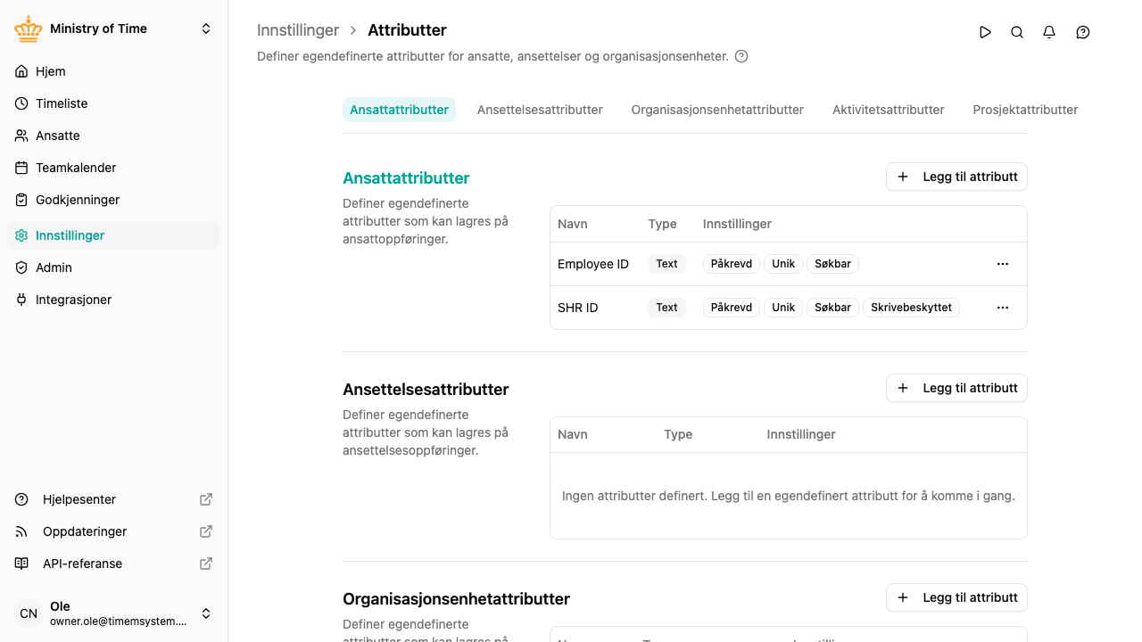 Innstillinger for arbeidsområde med egendefinerte attributter