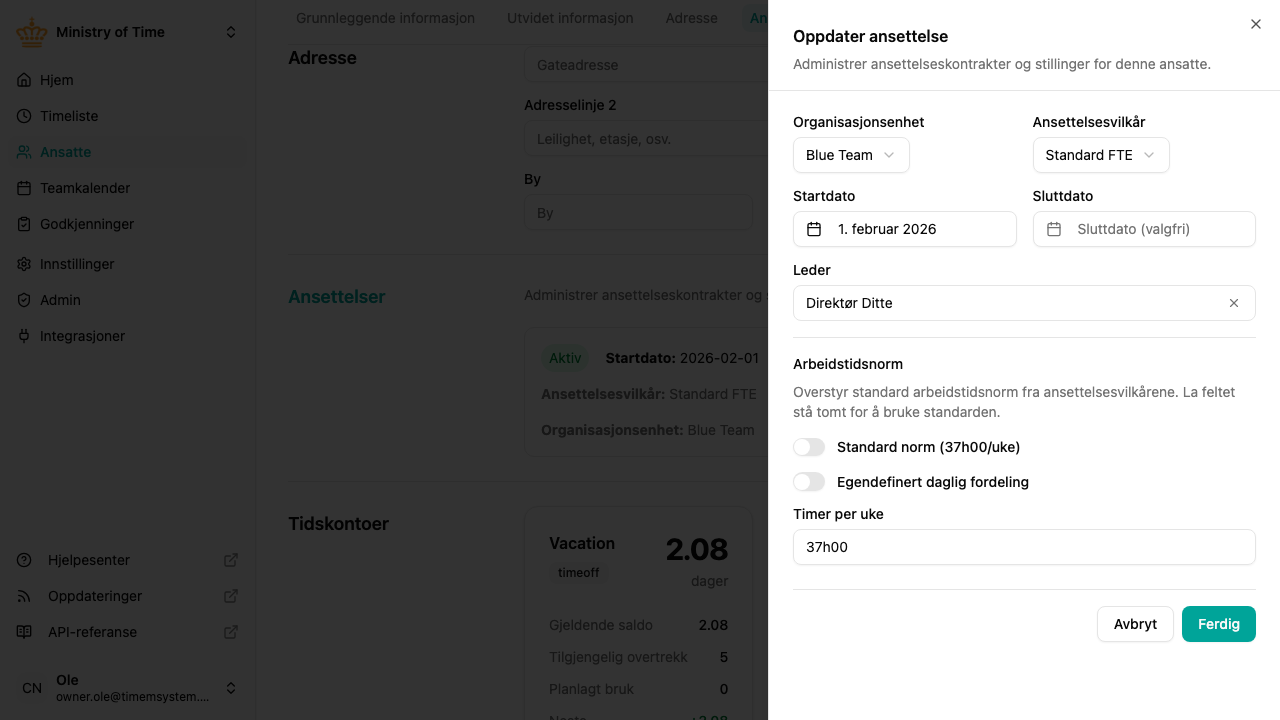 Overstyring av arbeidstidsnorm for ansettelse