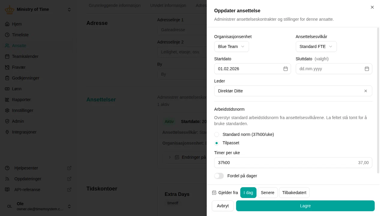 Overstyring av arbeidstidsnorm for ansettelse