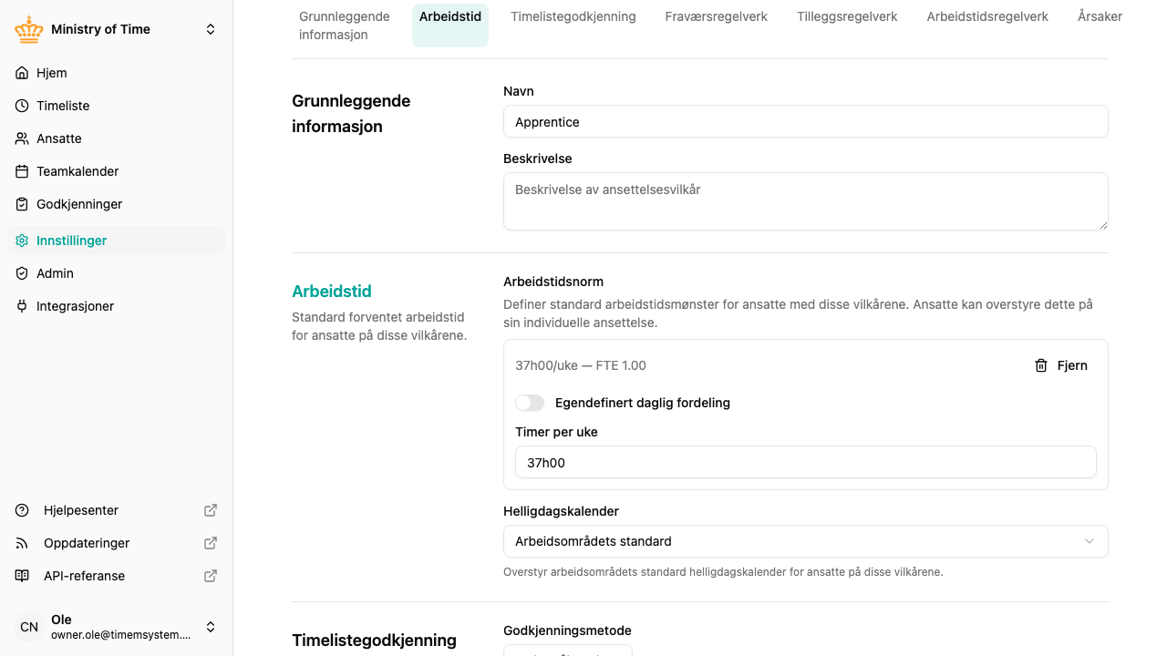 Arbeidstidsseksjon for ansettelsesvilkår med standard arbeidstidsnorm