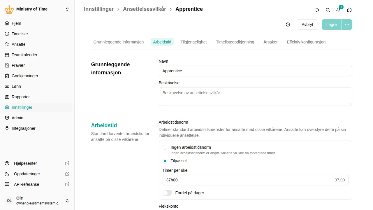 Arbeidstidsseksjon for ansettelsesvilkår med standard arbeidstidsnorm