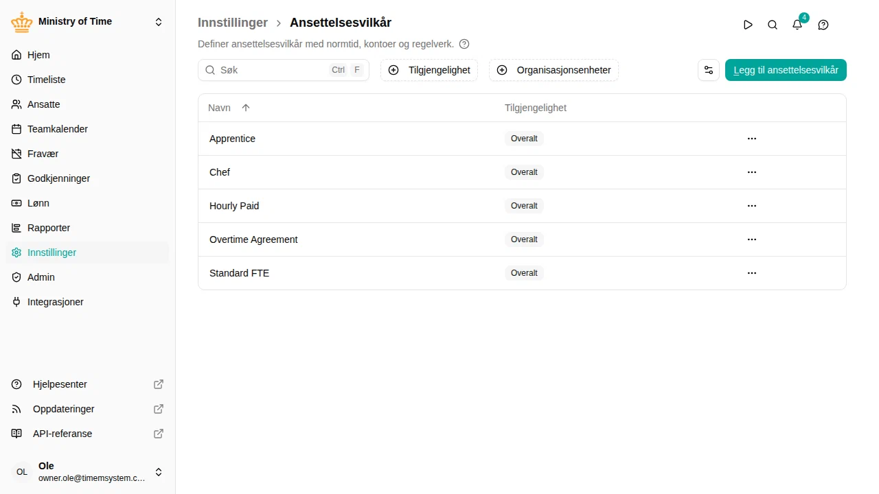 Liste over ansettelsesvilkår med handlinger for å legge til, redigere, kopiere, vise historikk og slette