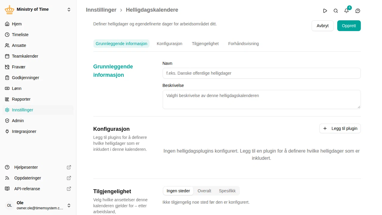 Konfigurasjonsskjema for helligdagskalender med plugins og forhåndsvisning