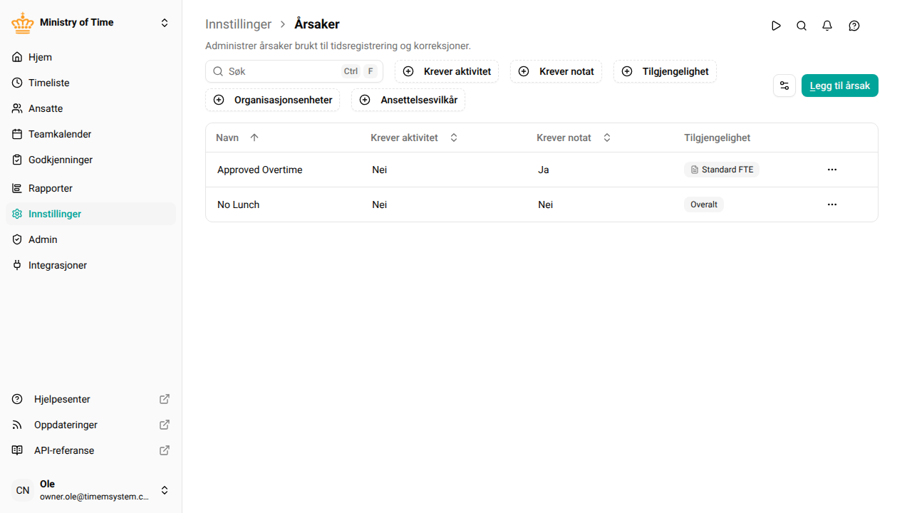 Årsakslisten som viser kolonnene Krever aktivitet og Krever notat